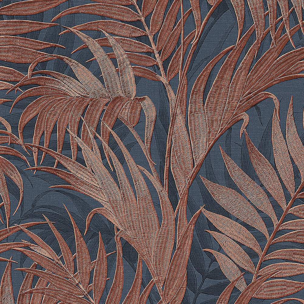 Levně Luxusní modrá vliesová tapeta s bronzovými palmovými listy - GR322109, Grace, Design ID