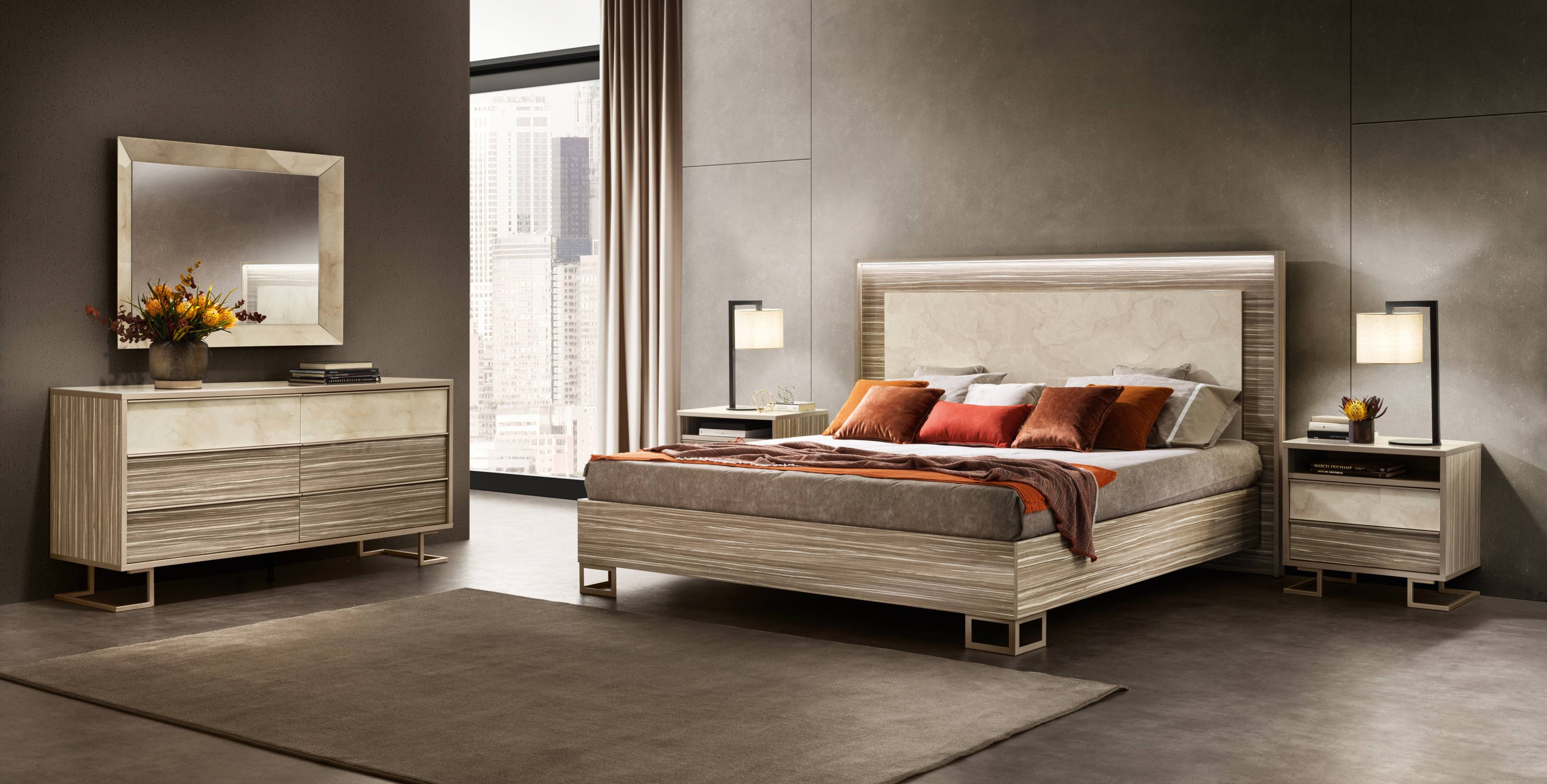 Adora Luce Light wooden headboard bed with LED LIGHT, 6 drawers dresser with mirror and night tables