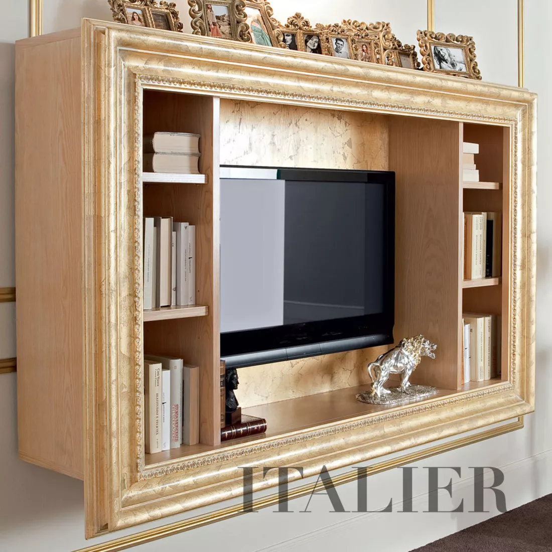 Bookcase-hardwood-tv-stand-carved-gold-frame-Bella-Vita-collection-Modenese-Gastonezhgtrf